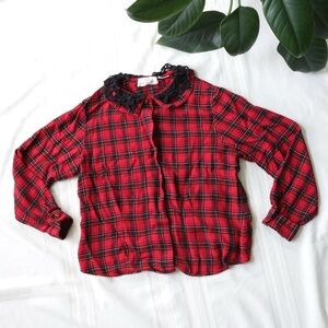 Red plaid pointed flat collar button down shirt
